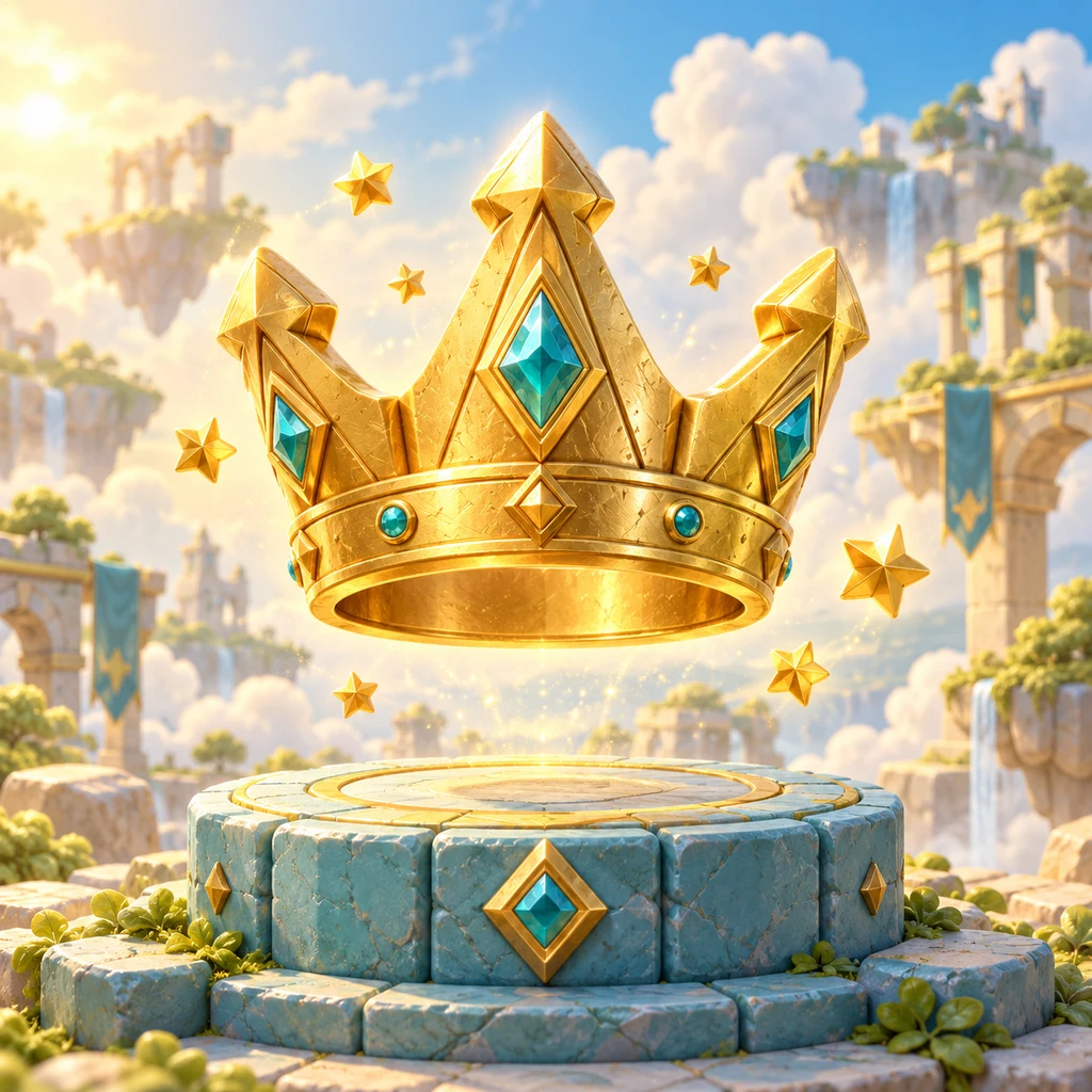 A sculpted golden victory crown with little stars above a cyan podium