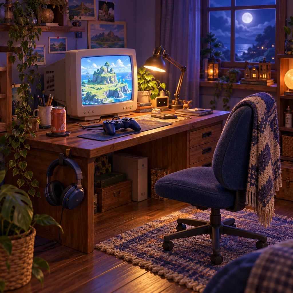 A cozy miniature gaming desk lit by a blue monitor and warm late-night lamp