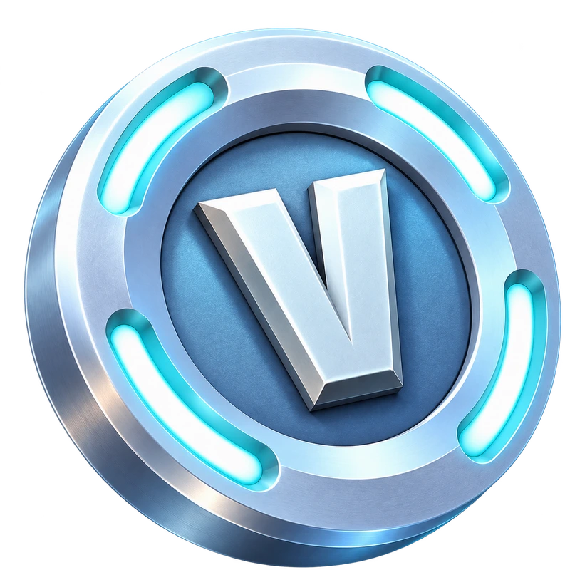 Silver V coin with four cyan rim lights