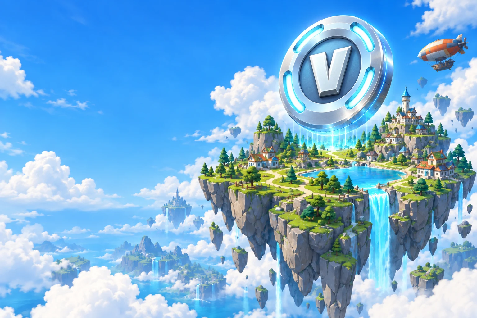 An original floating island with little houses, lush trees, a cyan waterfall and a hovering silver project coin